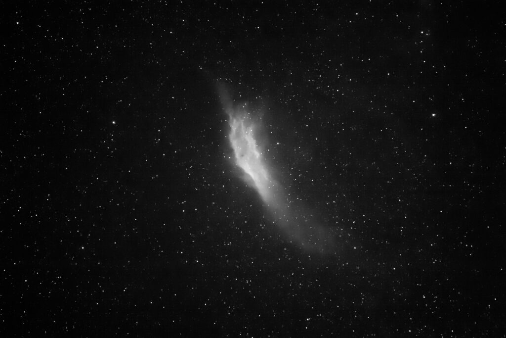 This 10-minute wide-field exposure of the California Nebula is a stack of two frames shot at ISO 1600 with a modified Canon EOS 60D camera, an Astronomik H-alpha 6nm CCD filter and a Canon EF 100mm f/2.8 Macro USM lens used wide open.